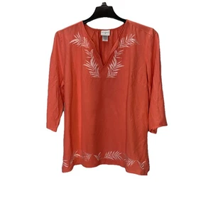 Jaclyn Smith coral colored white embroidered V neckline tunic top Sz L/G - Picture 1 of 13