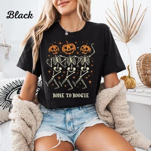 Womens Halloween T Shirt Pumpkin Skeleton Tee Spooky Season Fall Spooky Shirt  - Picture 1 of 33