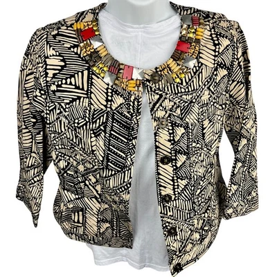 Ruby Rd Women’s Jacket Size 8 Cream Black With Beads African Tribal  - Image 1 of 4