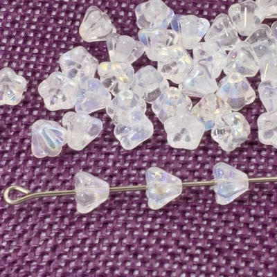 100pcs Clear AB Czech Glass Mini Bell Flower Beads, 4x6mm Rainbow Iridescent - Image 1 of 4