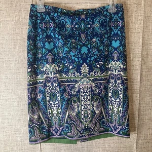 Talbots Blue Green Purple Paisley Damask Pencil Straight Skirt Size 8 With Split - Picture 1 of 8