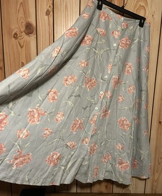 VTG 90s Ralph Lauren Linen Skirt Size 12 Cottagecore A-Line Floral Button Maxi - Image 1 of 4