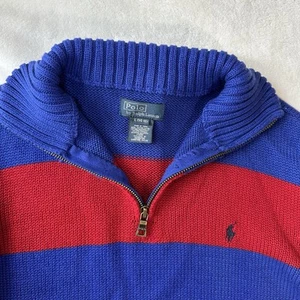 Polo Ralph Lauren 1/4 Zip Knit Sweater Youth L (14-16) Red Blue Striped Pullove - Picture 1 of 5
