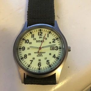 Mens Soki Field Military Army Round Green Glow Dial Canvas Strap Analog Watch - Picture 1 of 7