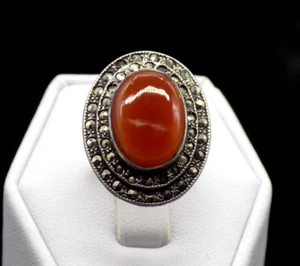 Vintage Carnelian Marcasite Ring 925 Sterling Silver Bell Trading Post Size 4 - Picture 1 of 10