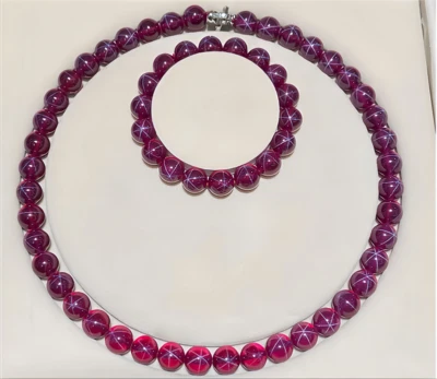 Top Quality Lab-Created Pigeon Blood Red Star Ruby, Round Bead Bracelet Necklace - Image 1 of 4