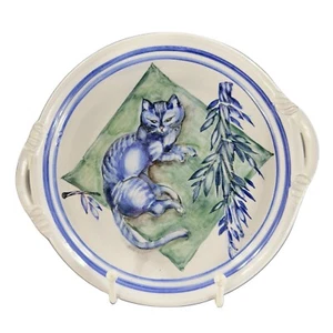 Handgefertigte Volkskunst RedWare Schale Platte blaue Katze Kätzchen mit Griffen gemarkt Vintage - Bild 1 von 9