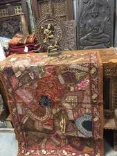 Vintage SARI TAPESTRY Hand Embroidered Patchwork Brown Russet Wall Hanging