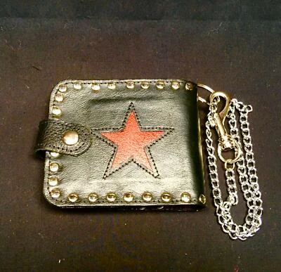 Étoile Cuir Véritable Bi-Pliable Portefeuille Clé Ceinture Chaîne Motard Che - Photo 1/3
