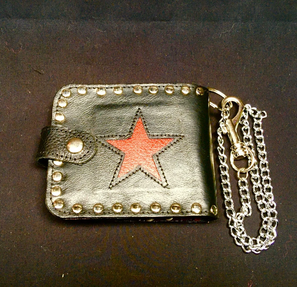 Étoile Cuir Véritable Bi-Pliable Portefeuille Clé Ceinture Chaîne Motard Che - Photo 1/3