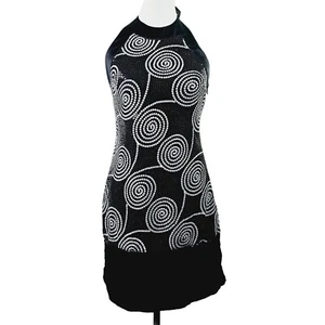 Vintage Cache Black White Sequin Satin Mini Halter Party Dress, Sz 6 - Picture 1 of 12