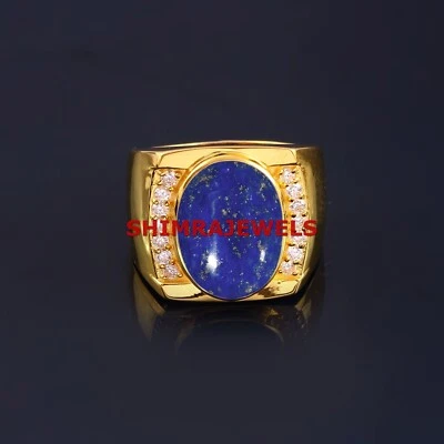 天然 Lapis Lazuli & CZ 镀金 925 纯银男士戒指 #1118 — 第 1/4 张图片