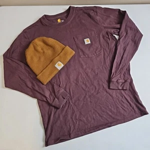 Carhartt T Shirt Tee Long Sleeve Pocket Workwear Size S Maroon & Brown Hat Lot - Picture 1 of 13