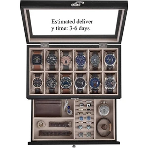 Watch Box with 12 Slots, 2 Layer Wooden Watch Box with Large Glass Lid, - Picture 1 of 6