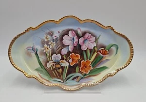 Vtg Handpainted Platter Pink Purple Orange Floral Signed Gold Trim Cottage Core - Picture 1 of 3
