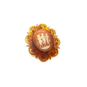 Vintage Faux Tortoiseshell Celluloid Grecian Women Trio Cameo Brooch Art Nouveau - Picture 1 of 5