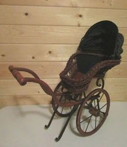 Vintage Wicker Wood Canvas Pram Doll Baby Carriage Buggy Stroller - Picture 1 of 11