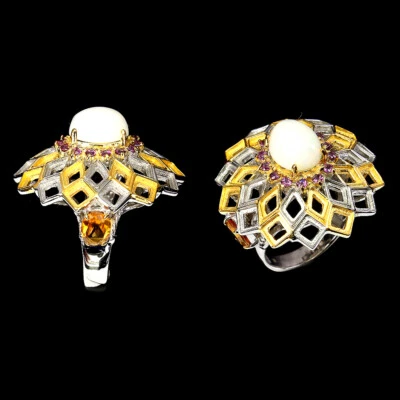 Anello In Argento Sterling 925 Oval Fire Opal 10x8mm Citrino Rodolite Taglia 7 - Immagine 1 di 4