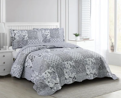 Retazos Flores Grises, Juego de Edredón de 3 Piezas con 2 Fundas, Colcha Reversible, So Foto 1 de 4
