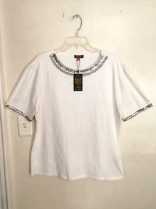 Needle & Threads Womens Blouse XL Shirt White Black Label Short Sleeve Top STAIN - Picture 1 of 9