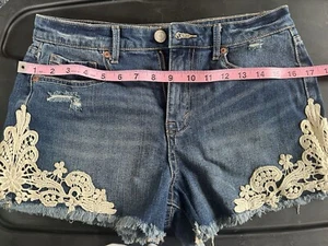 Pantaloncini jeans Aeropostale donna 8 blu denim taglio vita alta corti pizzo - Foto 1 di 6