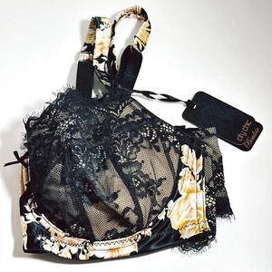 City Chic Bra Sz 16c Black Satin Lace Yellow Flower Underwire Lingerie NWT (t14) - Picture 1 of 17