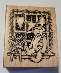 Vintage 1997 PSX Gummistempel Weihnachten Teddybär Girlande Fensterszene G-2240 - Bild 1 von 5