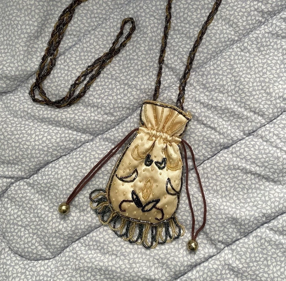 Bolso de Hombro De Colección Gitano con Cuentas Cordón Mini Dorado Satinado Marrón Boho NUEVO Foto 1 de 4