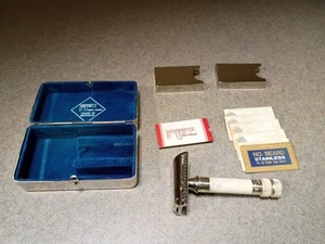 VINTAGE HOFFRITZ NY GERMANY SLANT BAR SICHERHEITSRASIERER IM CHROMETUI MIT ERSATZKLINGEN - Bild 1 von 22