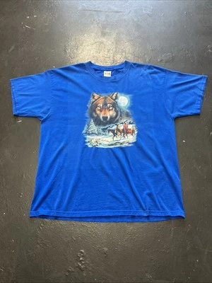 Vtg 90s FOTL Blue Wolf Moon Native American Horseback Winter Nature TShirt XL - Image 1 of 4