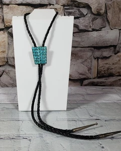 Vintage Zuni Sterlingsilber Kanal-Inlay Türkis Bolokrawatte Indianer signiert - Bild 1 von 5