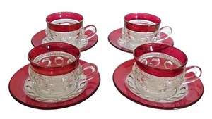 Set of 4 Indiana Glass Cups Saucers Kings Crown Thumbprint Ruby Red Flash Glass - Picture 1 of 5