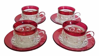 Set of 4 Indiana Glass Cups Saucers Kings Crown Thumbprint Ruby Red Flash Glass - Image 1 of 4