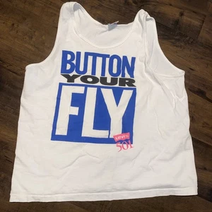 Camisa sin mangas vintage Levis 501 Button Your Fly para hombre grande blanca gráfica EE. UU. 90s - Imagen 1 de 7