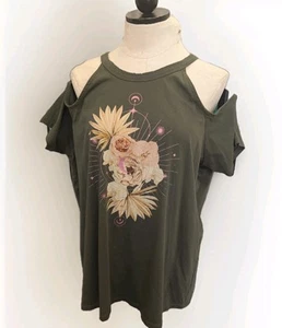 Torrid Top Floral Moon Cold Shoulder Tunika T-Shirt Gr. 00 10 12 Boho Grün Baumwolle - Bild 1 von 13