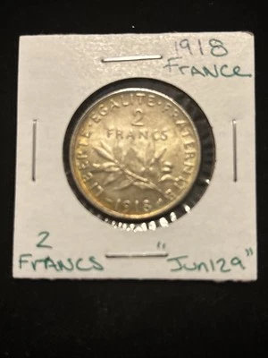 Moeda de prata estrangeira mundial 1918 França 2 francos circulada “Jun129” tonificação francesa - Imagem 1 de 4