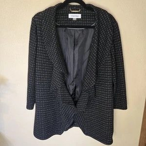 Calvin Klein Open Ruffle Front Check Pattern Black Blazer Womens Size 12 - Picture 1 of 7