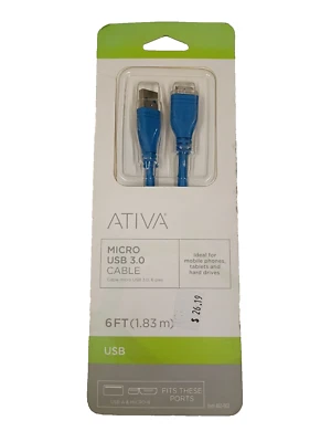 Ativa Micro USB 3.0 Cable USB A & MICRO-B Phones Tablets Hard Drives Item 482002 - Image 1 of 4
