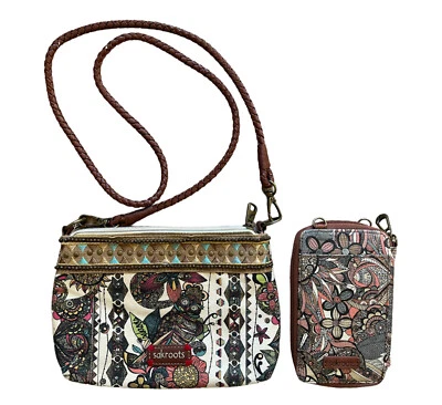 Lots! SAKROOTS Owl Peace Canvas Hobo Leather Braid Strap CrossBody Bag & Wallet Foto 1 de 4