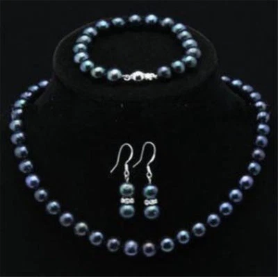 Genuine 7-8mm Peacock Black Pearl Necklace Bracelet Earrings Set 18'' 7.5'' - Image 1 of 4