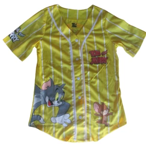 NWT Tom & Jerry Juniors Womens Yellow stripe Short sleeve Jersey T-Shirt sz LG - Picture 1 of 7