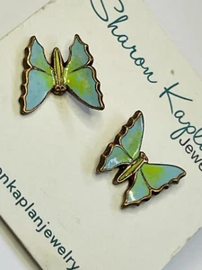 Emaillierte Schmetterling Ohrringe Handarbeit Kunsthandwerk Kupfer Unikat Vintage - Bild 1 von 9