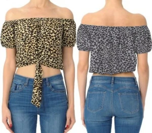 Off Shoulder Blouse Top Animal Print Tie Front 71033 - Picture 1 of 5