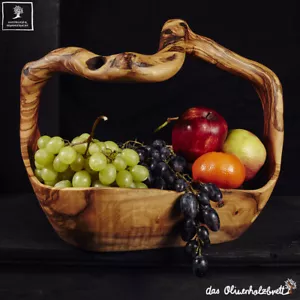 Bowl with Handle from Olive Wood Fruit Basket Fruit Bowl Large Diameter 40cm - Picture 1 of 2