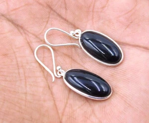 Nera Naturale Pietra Onice Orecchino 925 Argento Sterling Pendente Misura 3.8cm - Foto 1 di 7