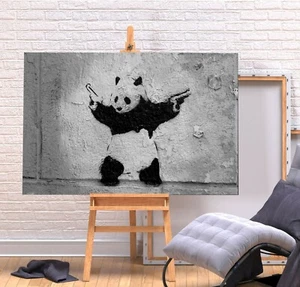 BANKSY SHOOTING PANDA - DEEP FRAMED CANVAS WALL ART GRAFFITI PICTURE PRINT-GREY - Picture 1 of 2