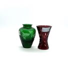 Godinger Set Of 2 Mini Cut Crystal Vases Green Butterfly Red Ladybug Hungary Vtg