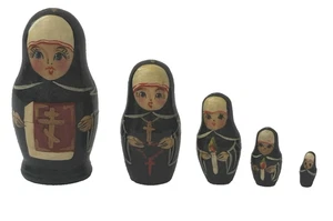 VTG Ceprueb Nocag Russian NUNS Wooden Nesting Dolls 5 Signed EUC - Picture 1 of 12