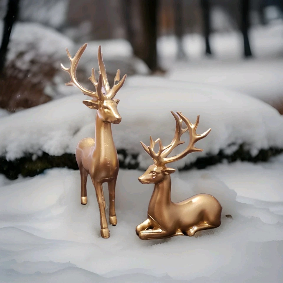 2pcs Reindeer Sculpture Gold Resin Christmas Decor - Medium Size -  - Image 1 of 1