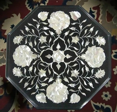 Octagon Black Marble Coffee Table Top Mother of Pearl Inlay Work Sofa Side Table - Image 1 of 3
